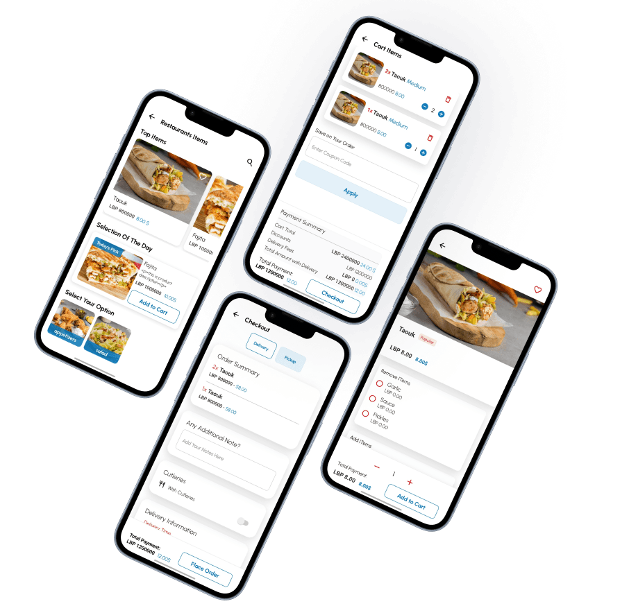 Hawa Chicken app showing menu, cart and checkout screens